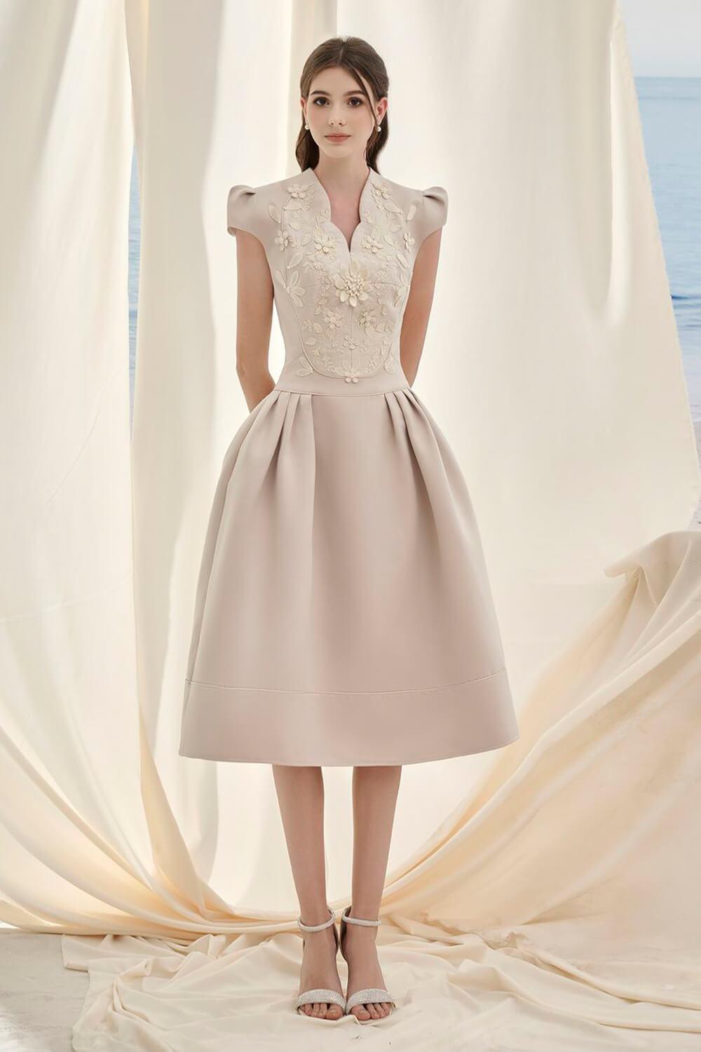 midi puffy dress Jolie Ariadne A-line Puffy Sleeved Taffeta Midi Dress
