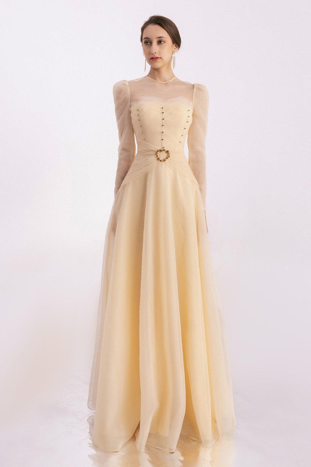 draped mesh dress Women's Judith A-line Draped Mesh Silk Floor Length Dress XS/S/M/L/XL Beige MEAN BLVD Beige / L
