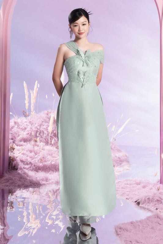 Juven Fitted Strappy Taffeta Extra Long Length Ao Dai Set