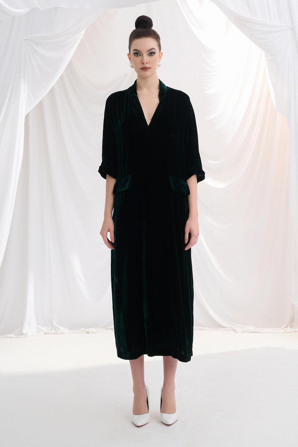 Women's Kalla Shift V-Neck Velvet Midi Dress Freesize Pink/Green MEAN BLVD Women's Kalla Shift V-Neck Velvet Midi Dress Freesize Pink/Green MEAN BLVD