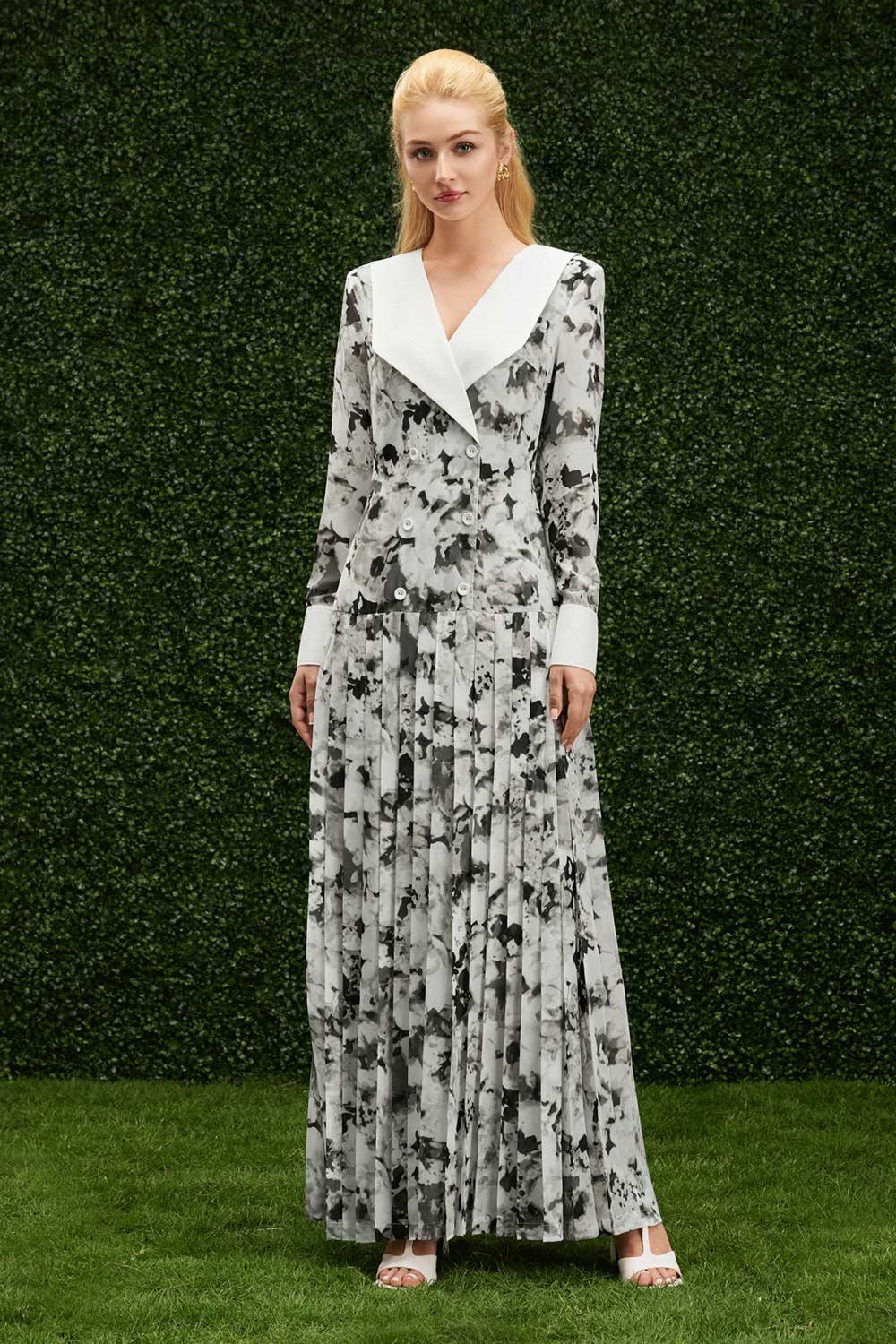 Women's Kallie Drop Waist Pleated Chiffon Maxi Dress XS/S/M/L/Customize Black and White Marble MEAN BLVD Customize / Black and White / Marble Women's Kallie Drop Waist Pleated Chiffon Maxi Dress XS/S/M/L/Customize Black and White Marble MEAN BLVD Customize / Black and White / Marble