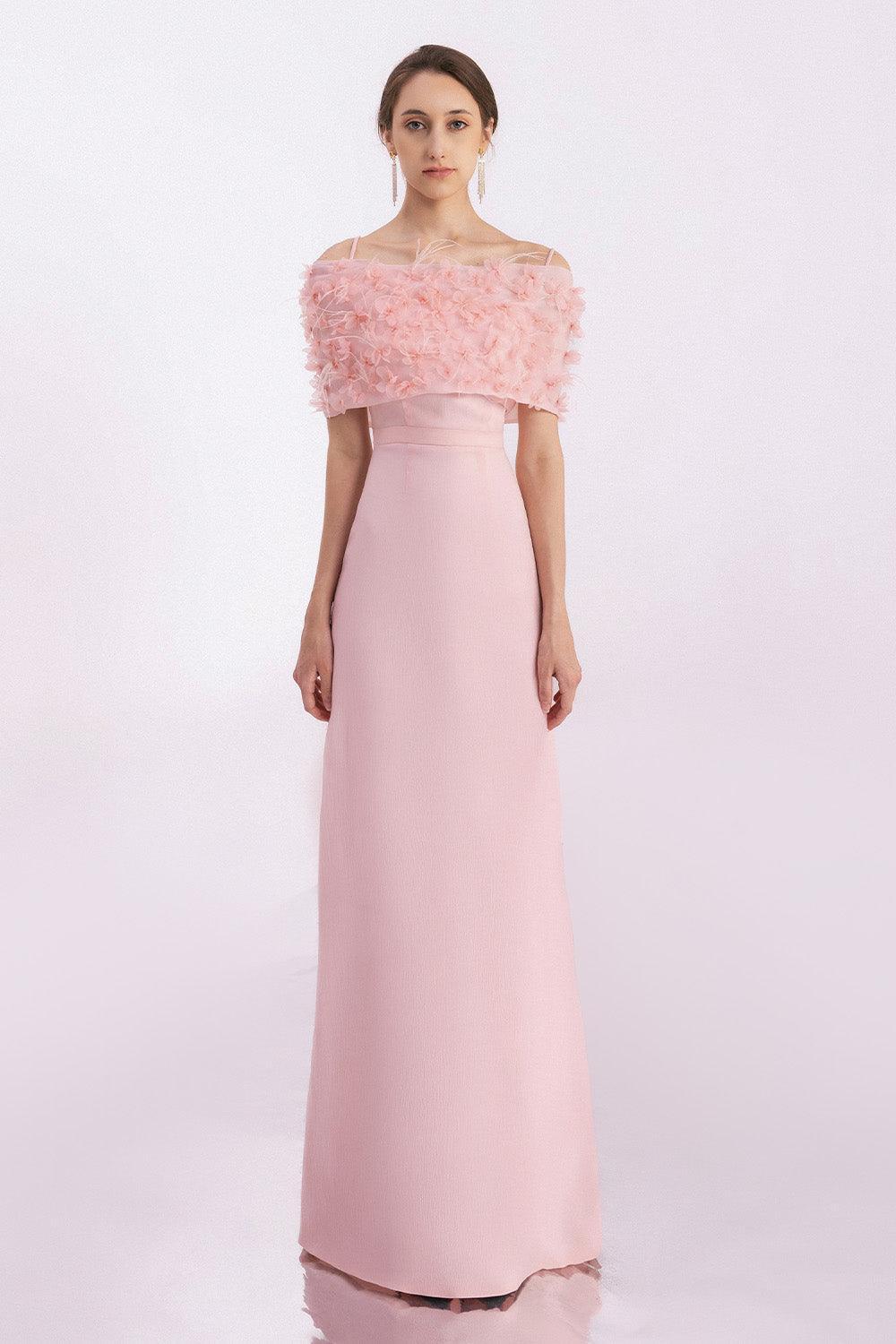 Women's Kamila A-Line Flower Applique Mesh Taffeta Floor Length Dress XS/S/M/L/XL Pink Mean Blvd Pink / XL