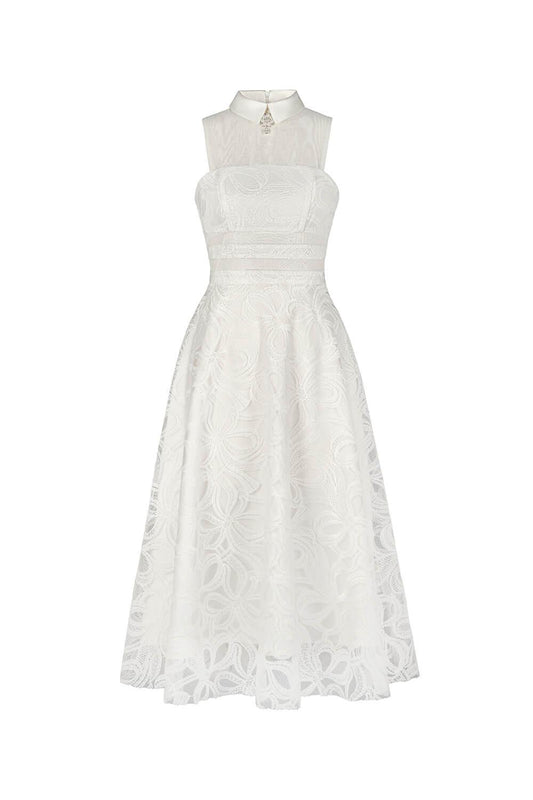 Katia A-line Folded Collar Lace Weave Midi Dress - MEAN BLVD