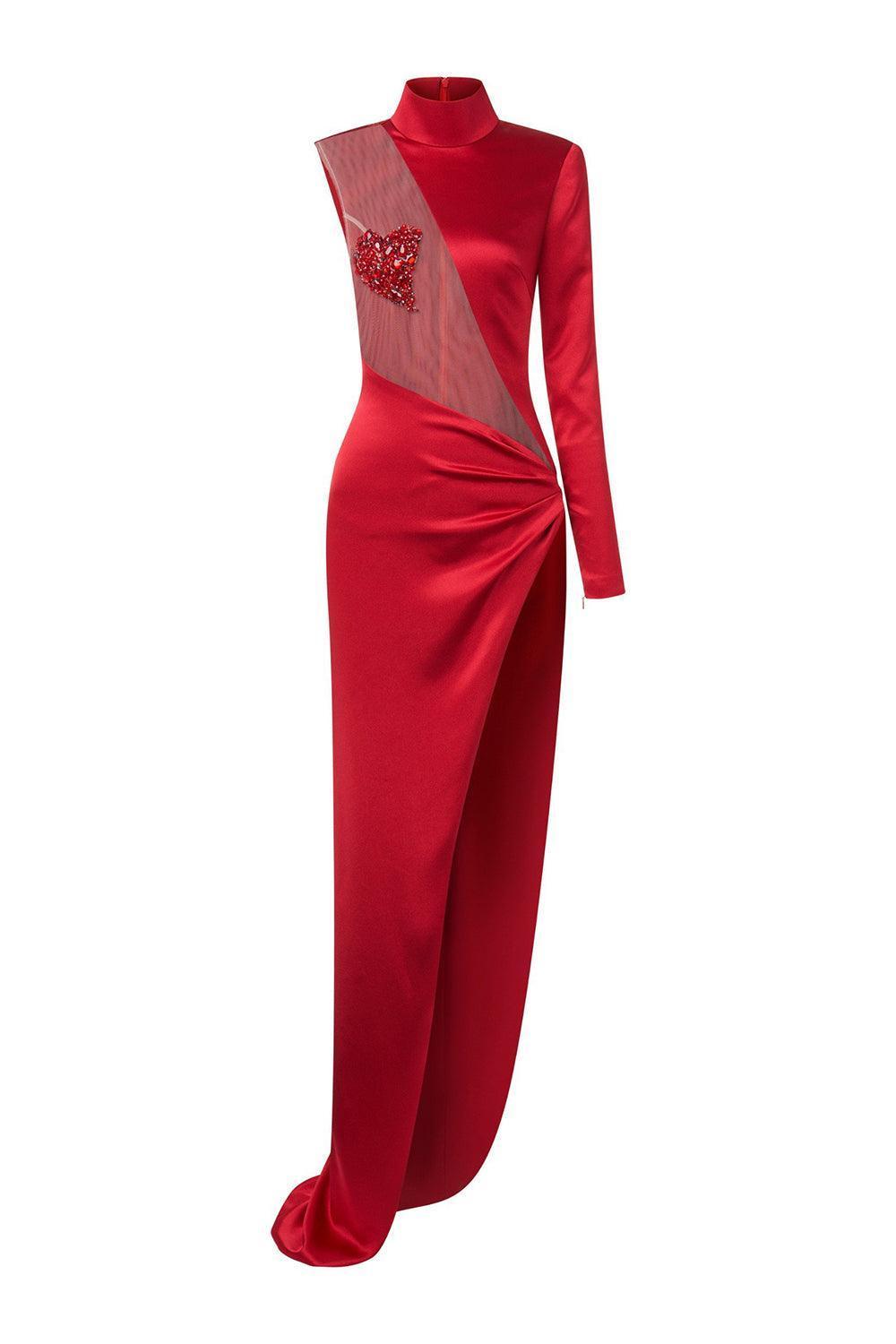 kehlani maxi dress Women's Kehlani Slit Asymmetric Sleeved Mesh Silk Floor Length Dress XXS/XS/S/M/L Red MEAN BLVD Red / L