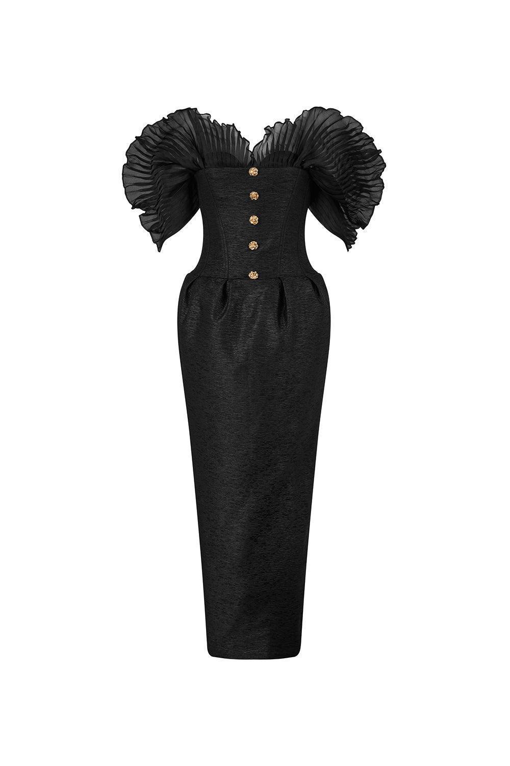 Women's Kimber Pegged Ruffle Sleeved Tulle Ankle Length Dress S/M/L Black MEAN BLVD Black / S Women's Kimber Pegged Ruffle Sleeved Tulle Ankle Length Dress S/M/L Black MEAN BLVD Black / S