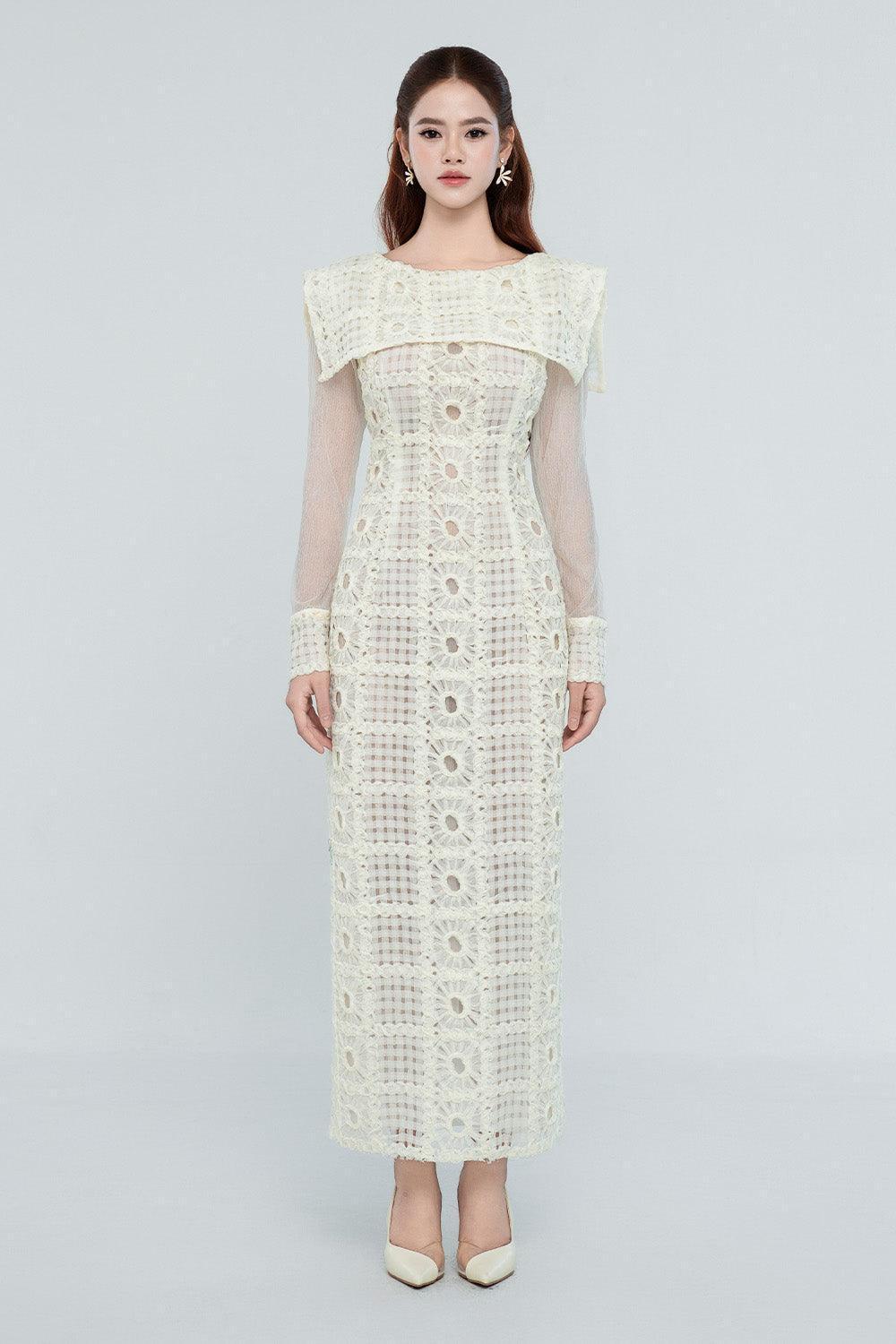 Kinley Sheath Cape Shoulder Chanel Midi Dress - Ivory White / L Kinley Sheath Cape Shoulder Chanel Midi Dress - Ivory White / L