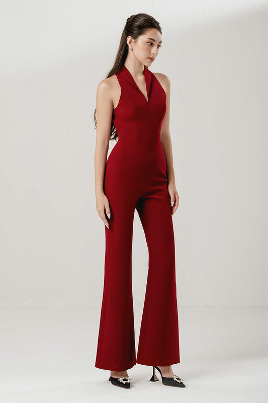 Lady Flared V-Neck Interlock Ankle Length Jumpsuit - MEAN BLVD