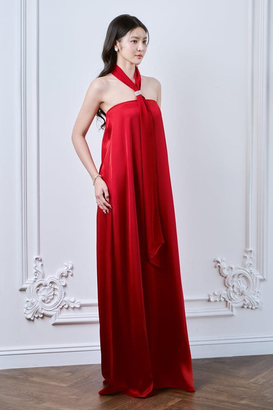 Lalani Halter Tie Neck Mulberry Silk Floor Length Dress - MEAN BLVD