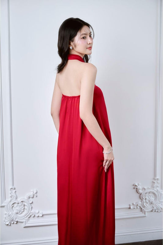 Lalani Halter Tie Neck Mulberry Silk Floor Length Dress - MEAN BLVD