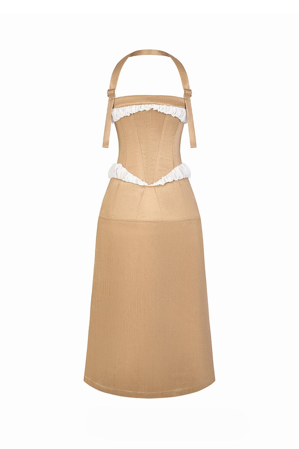 Women's Lapin Drop Waist Halter Neck Taffeta Midi Dress S/M/L/XL/Customize Brown Beige MEAN BLVD Brown Beige / Customize