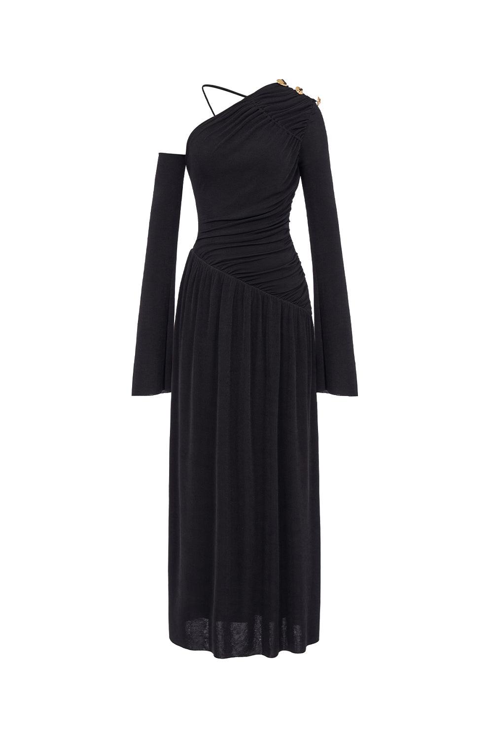 long sleeve spandex maxi dress Women's Lauren Gathered Asymmetric Shoulder Spandex Maxi Dress  S/M/L/XL/Customize Black/Beige Sand MEAN BLVD