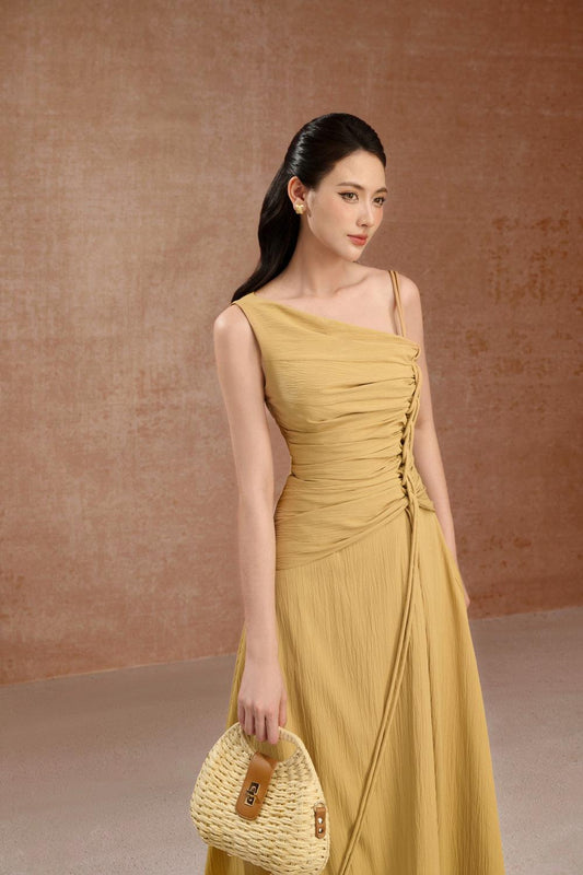 Lila A-line Asymmetric Neck Raw Fabric Ankle Length Dress - MEAN BLVD