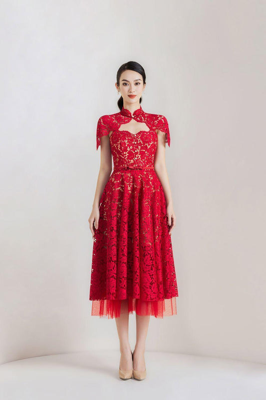 Lilian A-line Cut-Out Lace Midi Dress - MEAN BLVD