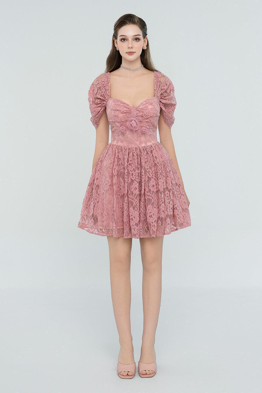 Women's Lillie A-line Gathered Lace Mini Dress S/M/L/Customize Pink Floral MEAN BLVD, S / Pink / Floral