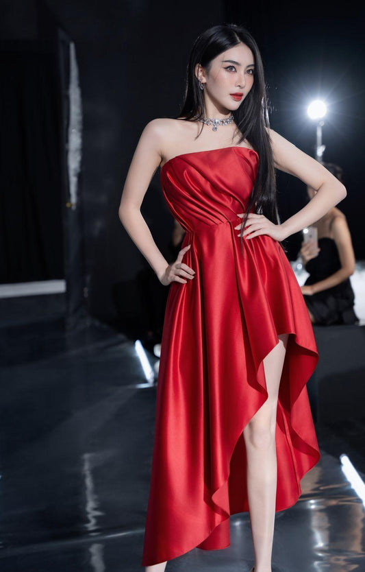 Lique Asymmetric Straight Across Neck Polyester Midi Dress - MEAN BLVD