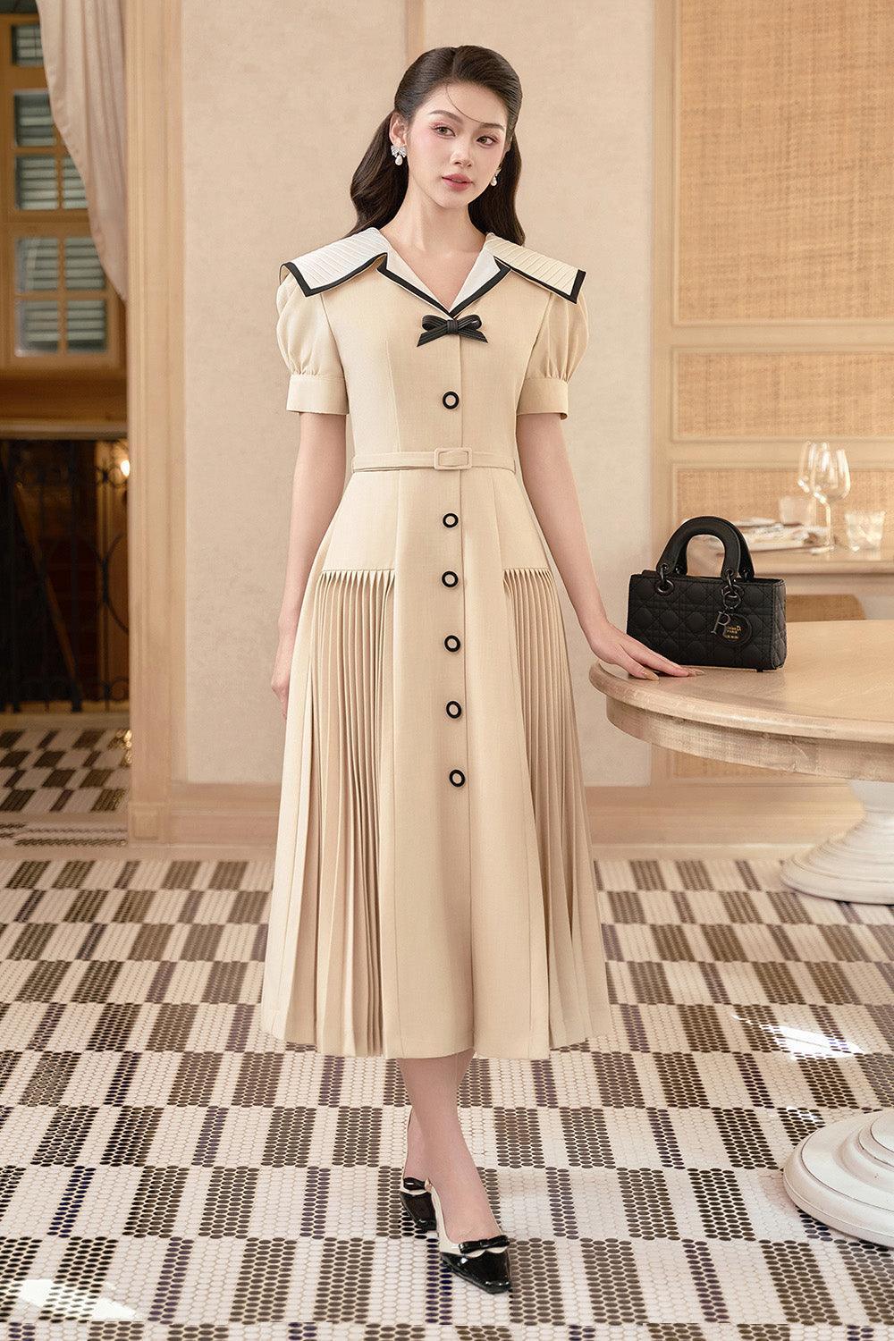 Lisa A-line Puffy Sleeved Linen Cotton Midi Dress - Beige / L Lisa A-line Puffy Sleeved Linen Cotton Midi Dress - Beige / L