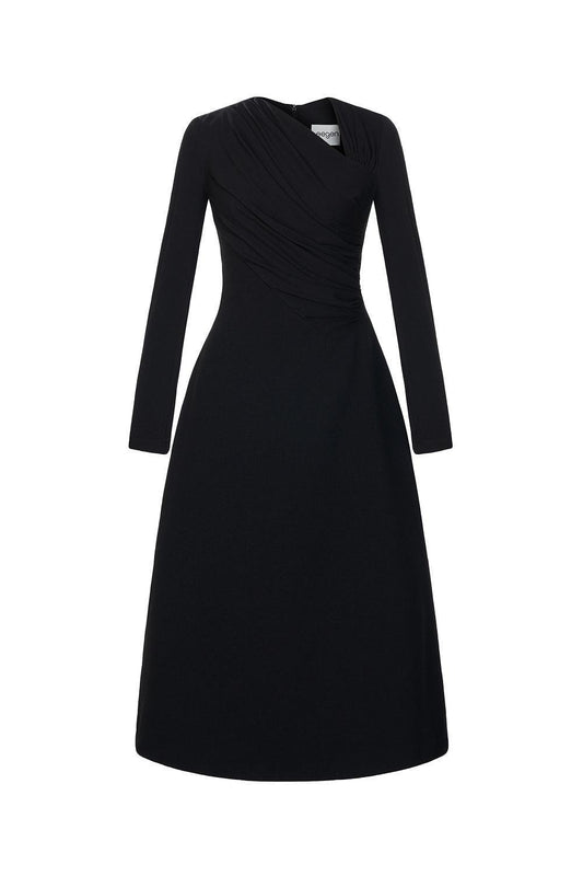 Lopsided A-line Long Sleeved Crinkle Crepe Midi Dress - MEAN BLVD