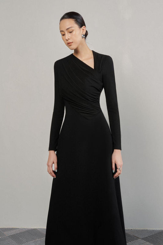 Lopsided A-line Long Sleeved Crinkle Crepe Midi Dress - MEAN BLVD