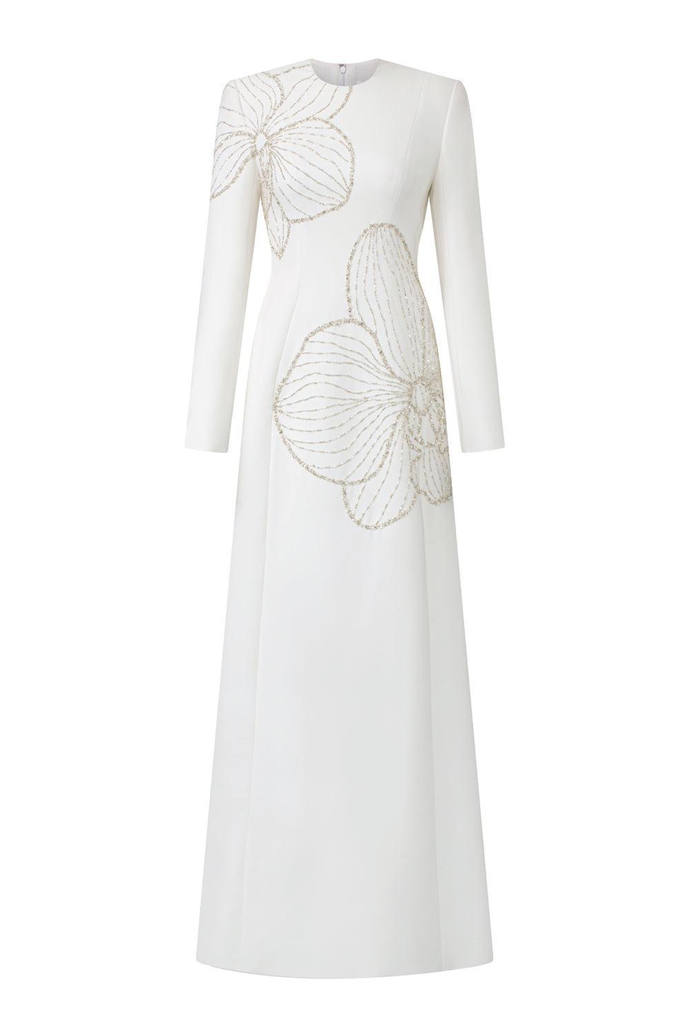 off white long sleeve velvet dress Women's Lumins Sheath Round Neck Velvet Satin Floor Length Dress XS/S/M/L/XL/White/MEAN BLVD White / XL