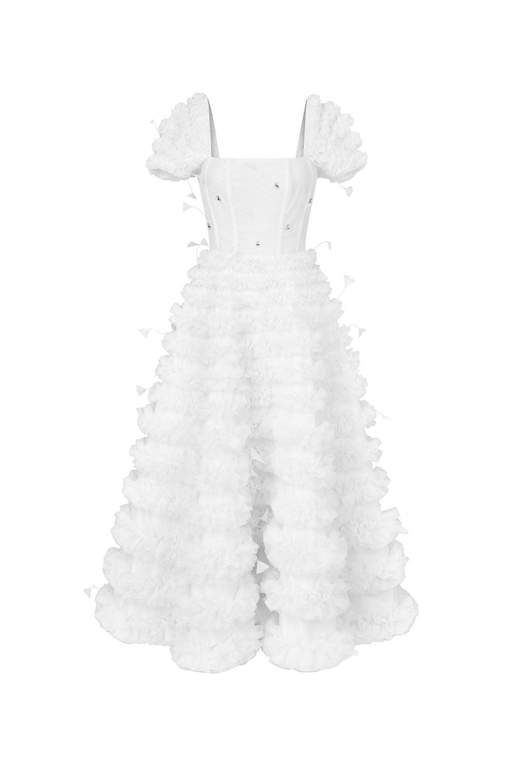 Women's Luxe Fit and Flare Square Neck Tulle Ankle Length Dress S/M/L White/Pink MEAN BLVD White / Customize Women's Luxe Fit and Flare Square Neck Tulle Ankle Length Dress S/M/L White/Pink MEAN BLVD White / Customize
