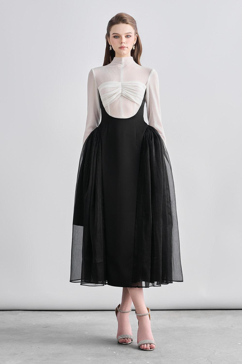 Women's Lyric Fit and Flare Gathered Chanel Midi Dress S/M/L/Customize Black and White Mean Blvd Black and White / L