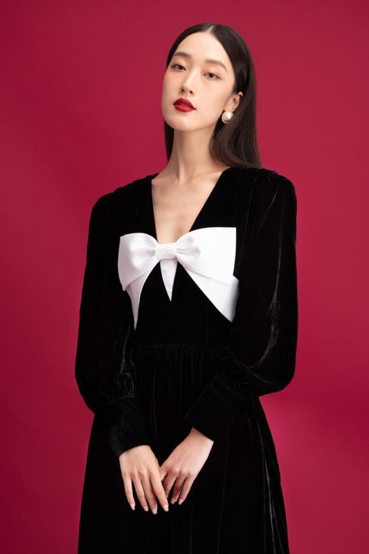 Madeline A-line Long Sleeved Velvet Midi Dress - MEAN BLVD