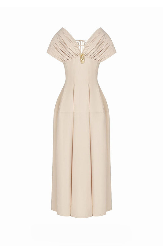 Madeline A-line Pleated Shoulder Khaki Maxi Dress - MEAN BLVD