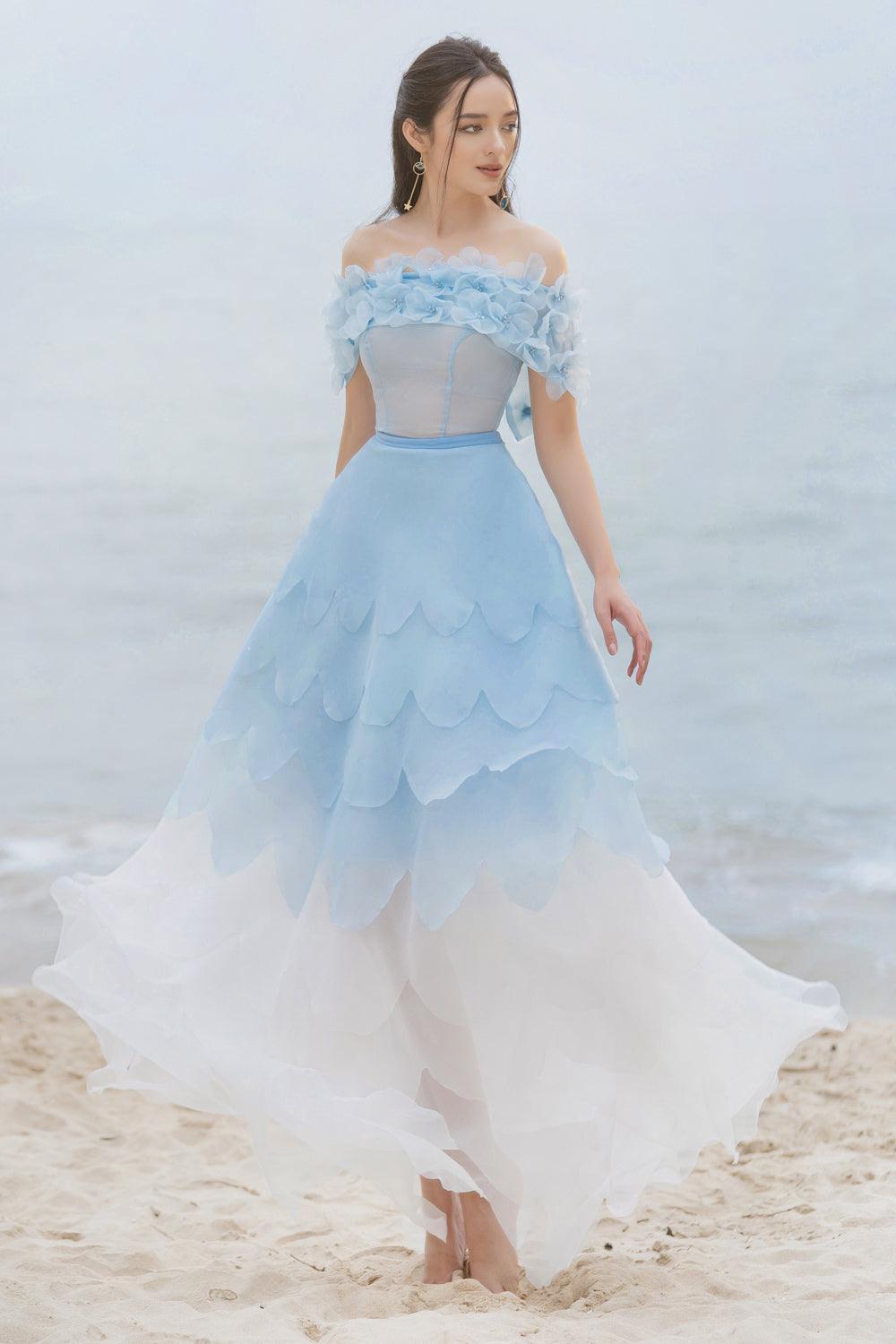Women's Maitreyi Fit and Flare Off-Shoulder Organza Maxi Dress XS/S/M/L/XL White&Blue Mean Blvd Xs / White&Blue