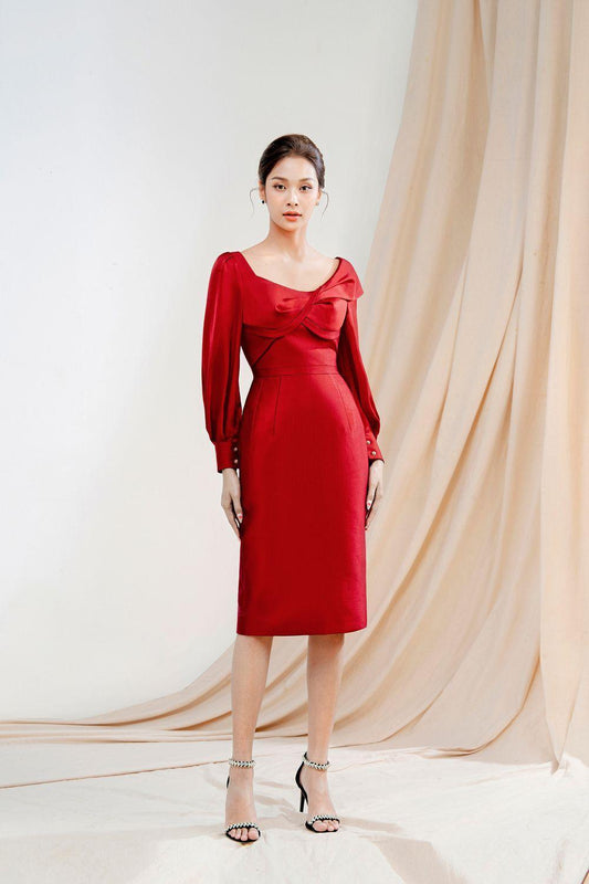 Margaret Pegged Cuff Sleeved Taffeta Knee-length Dress - MEAN BLVD