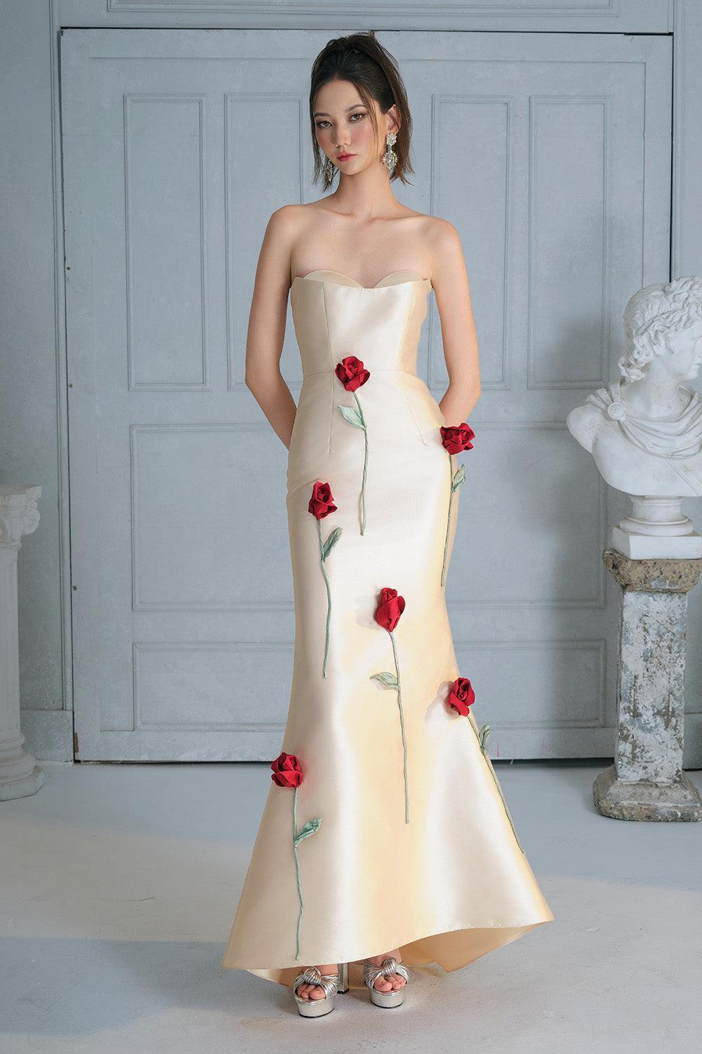 Women's Maria Rose Mermaid Semi-Heart Neck Taffeta Floor Length Dress S/M/L Cream MEAN BLVD Cream / L