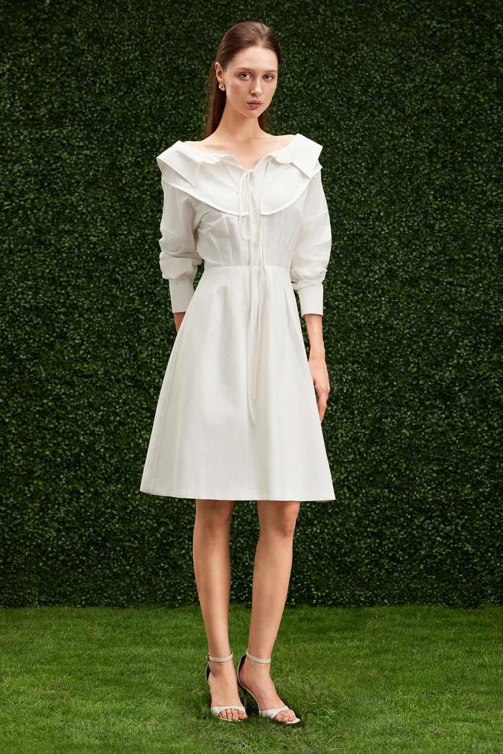 Women's Marianna Blouson Flared Khaki Knee-Length Dress XS/S/M/L/Customize White Mean Blvd White / M