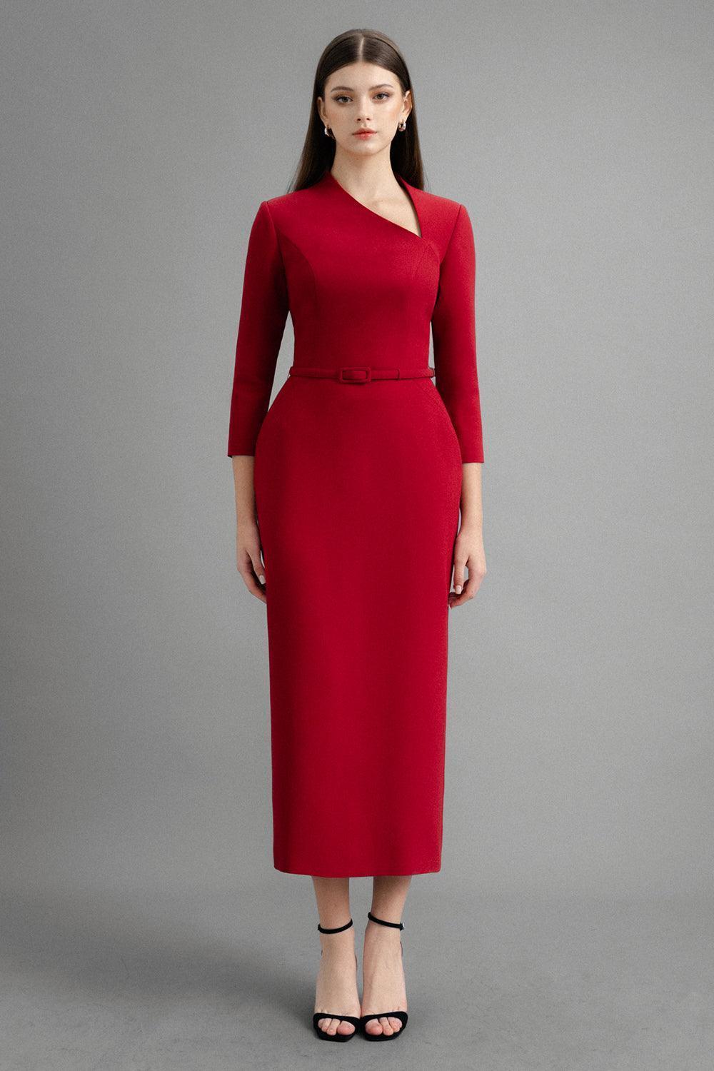 Women's Marina Pencil Asymmetric Neck Polycotton Midi Dress S/M/L Pink/Red MEAN BLVD Women's Marina Pencil Asymmetric Neck Polycotton Midi Dress S/M/L Pink/Red MEAN BLVD