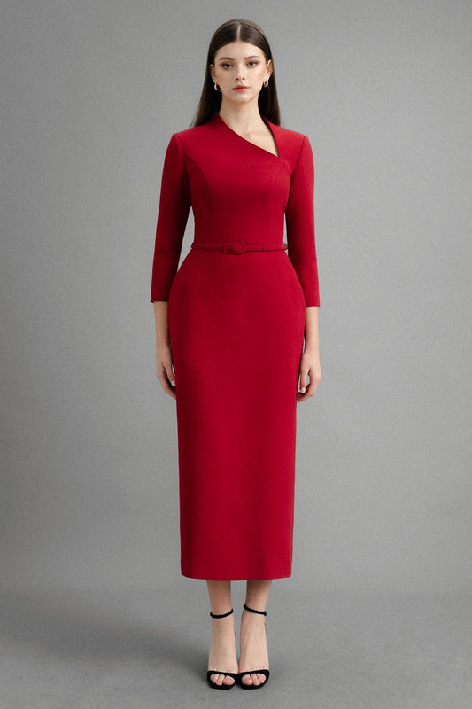 Marina Pencil Asymmetric Neck Polycotton Midi Dress - MEAN BLVD