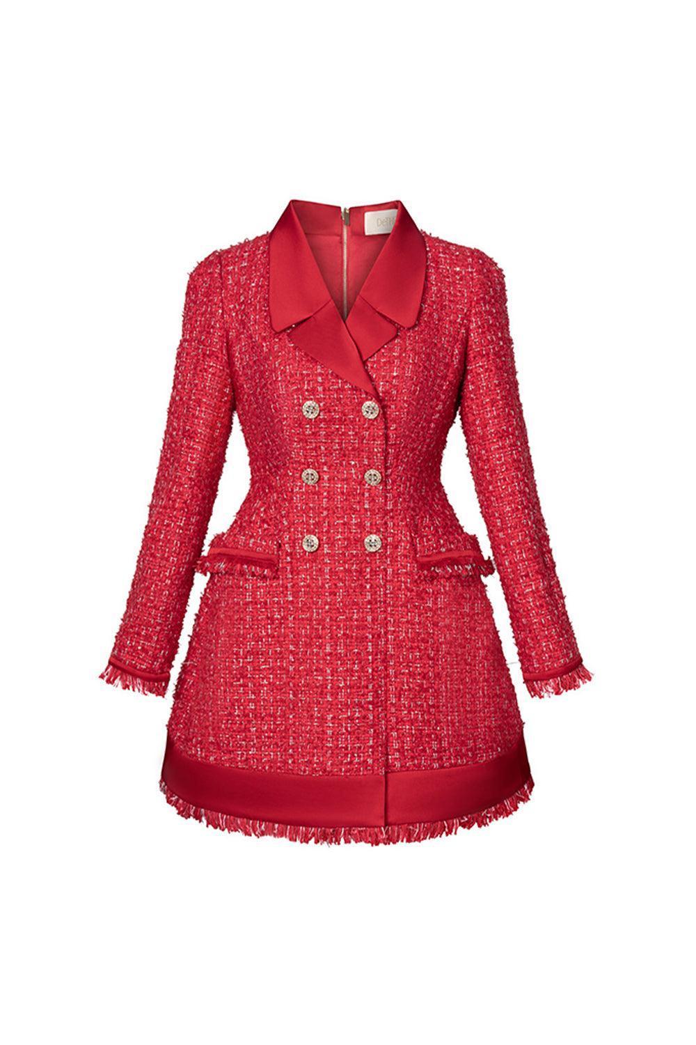 marion mini dress Women's Marion A-line Notch Lapel Tweed Mini Dress S/M/L/XL Red MEAN BLVD XL / Red