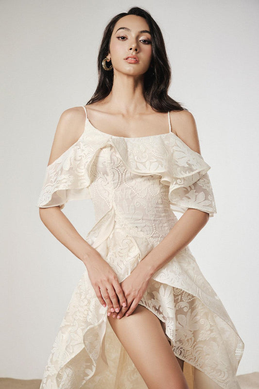 Mermaid Asymmetric Cold Shoulder Sleeved Mesh Lace Ankle Length Dress - MEAN BLVD