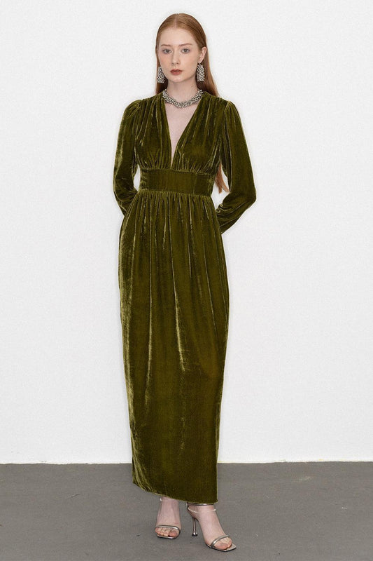Mia Gathered V-Neck Velvet Maxi Dress - MEAN BLVD