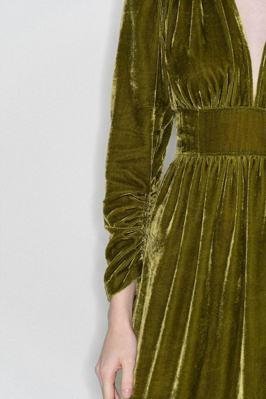 Mia Gathered V-Neck Velvet Maxi Dress - MEAN BLVD