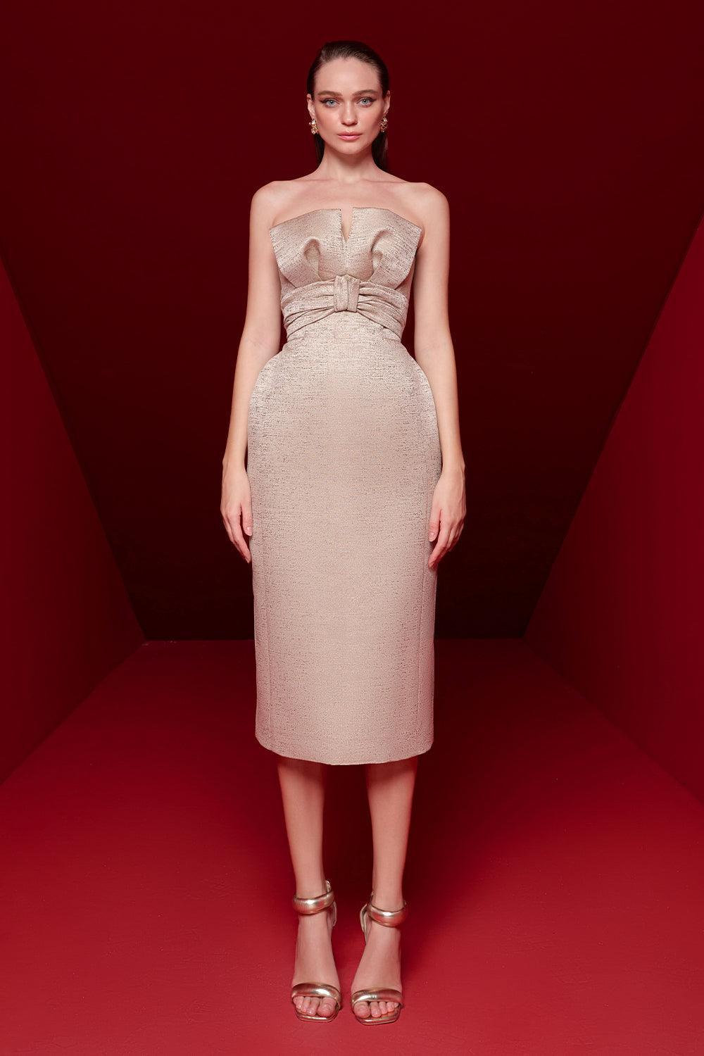 sleeveless brocade midi dress Women's Michaela Pegged Sleeveless Brocade Midi Dress XS/S/M/L Beige MEAN BLVD Beige / S