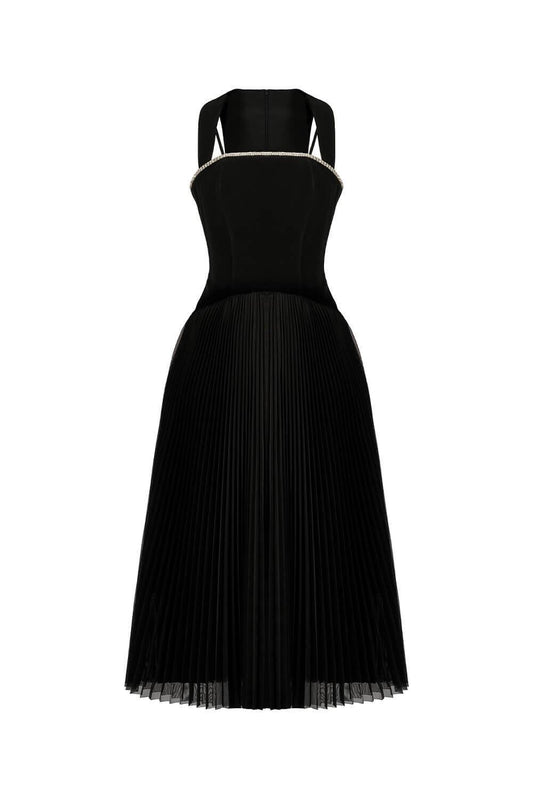 Milcah Pleated Strappy Velvet Midi Dress - MEAN BLVD