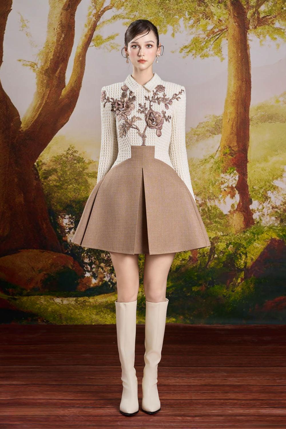 Women's Millie Fit and Flare Long Sleeved Tweed Mini Dress S/M/L Cream Brown MEAN BLVD Cream Brown / M Women's Millie Fit and Flare Long Sleeved Tweed Mini Dress S/M/L Cream Brown MEAN BLVD Cream Brown / M