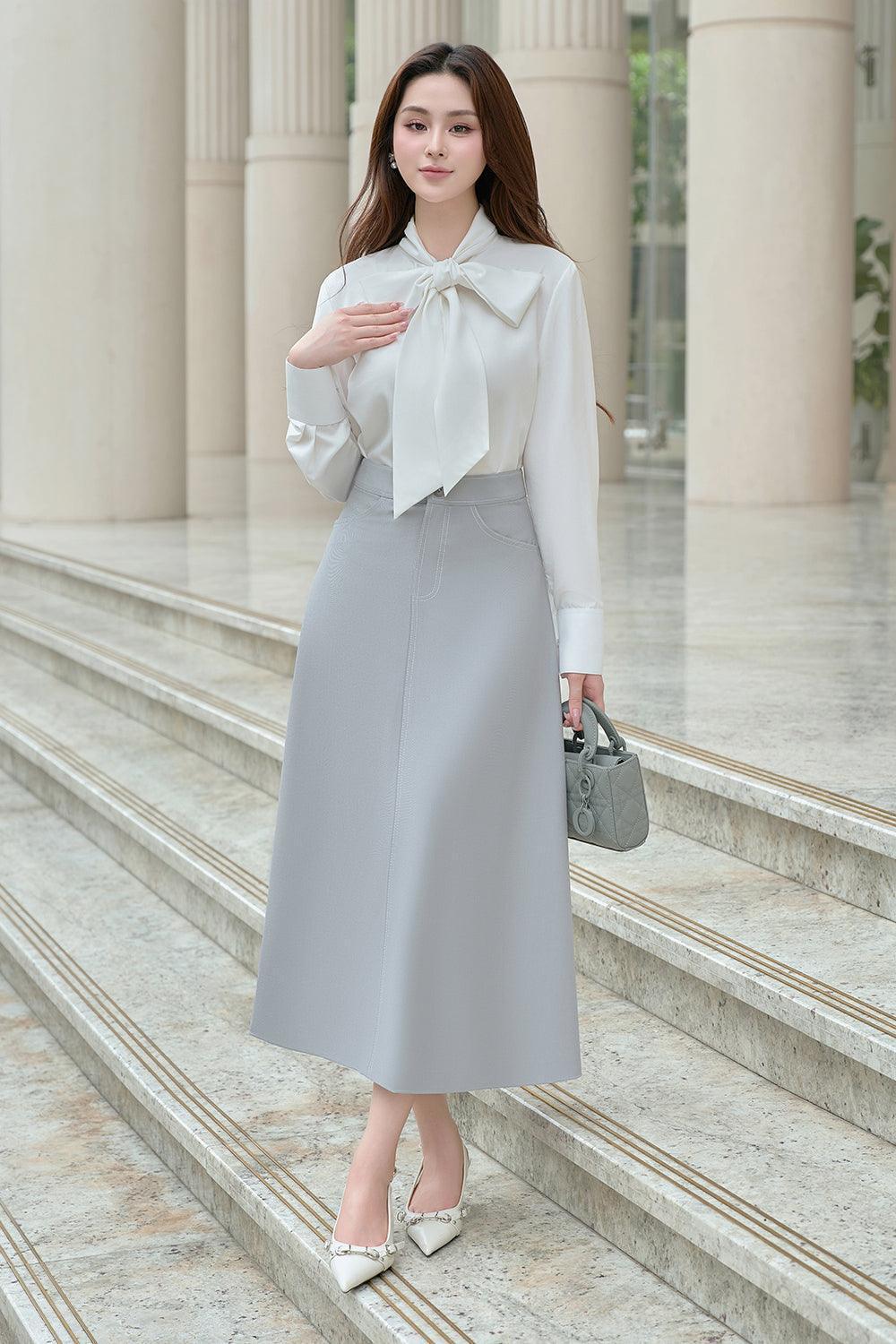 Women's Mina A-line High Waist Linen Cotton Midi Skirt S/M/L/Customize Blue Grey MEAN BLVD Blue Grey / M Women's Mina A-line High Waist Linen Cotton Midi Skirt S/M/L/Customize Blue Grey MEAN BLVD Blue Grey / M