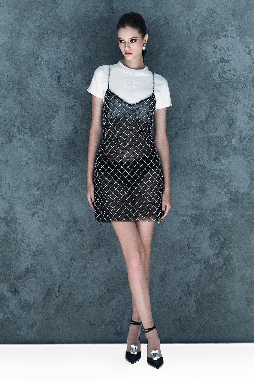 black mesh cami dress Women's Misty Straight Cami Mesh Mini Dress XS/S/M/L/Customize Black MEAN BLVD
