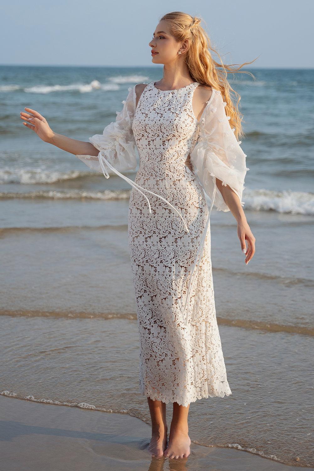 Women's Miyake Sheath Round Neck Lace Midi Dress S/M/L Nude/White MEAN BLVD S / Nude Women's Miyake Sheath Round Neck Lace Midi Dress S/M/L Nude/White MEAN BLVD S / Nude