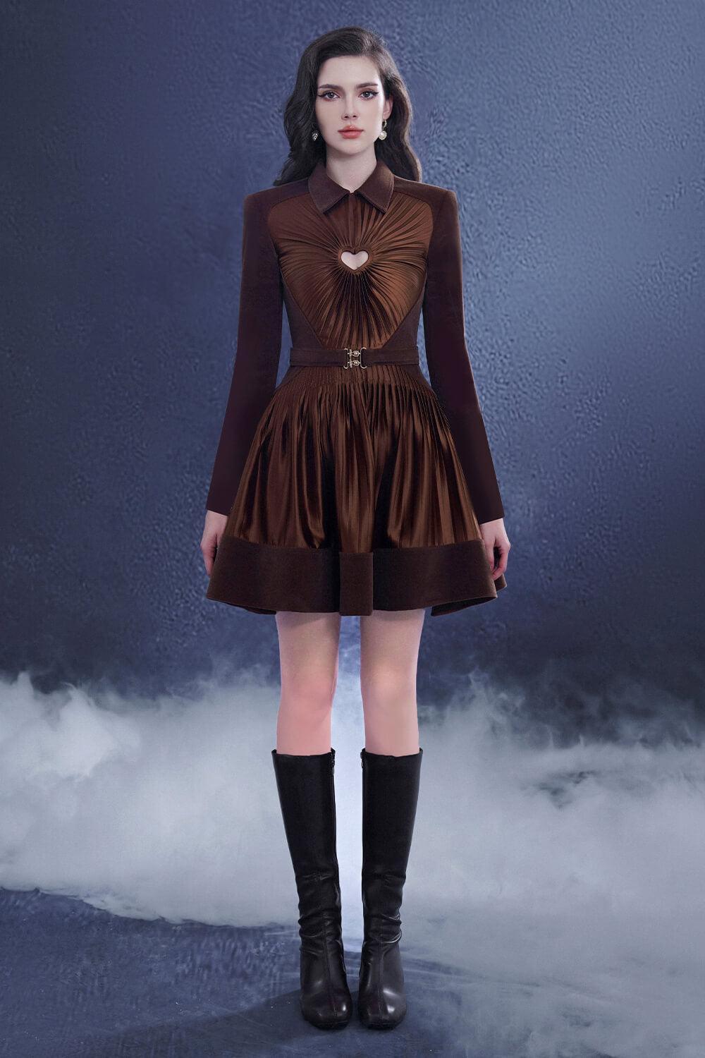 Women's Moxique A-line Pleated Chest Silk Mini Dress S/M/L Brown MEAN BLVD, S / Brown