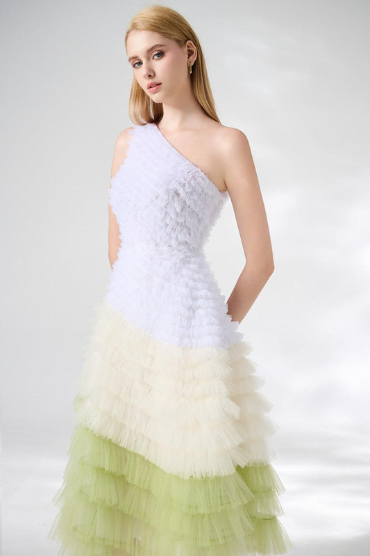 Murphy A-line One Shoulder Organza Below The Knee Dress - MEAN BLVD