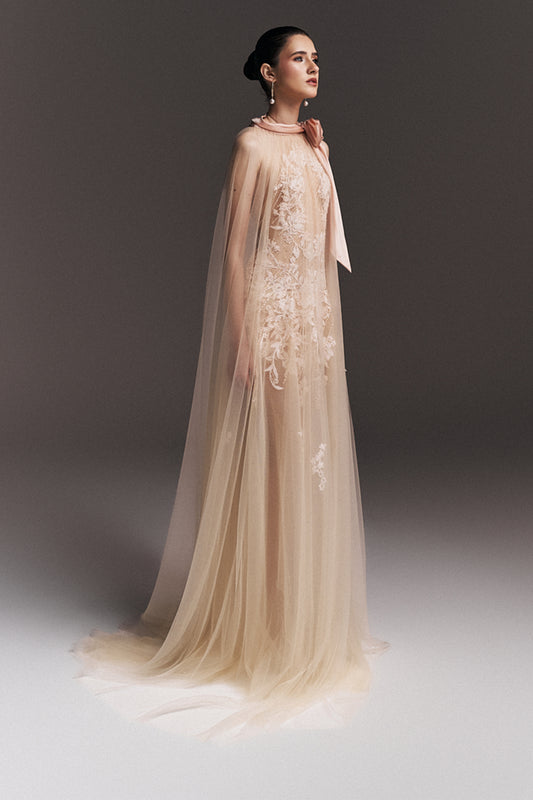 Vanessa Cape Sleeve Embroidery Maxi Dress