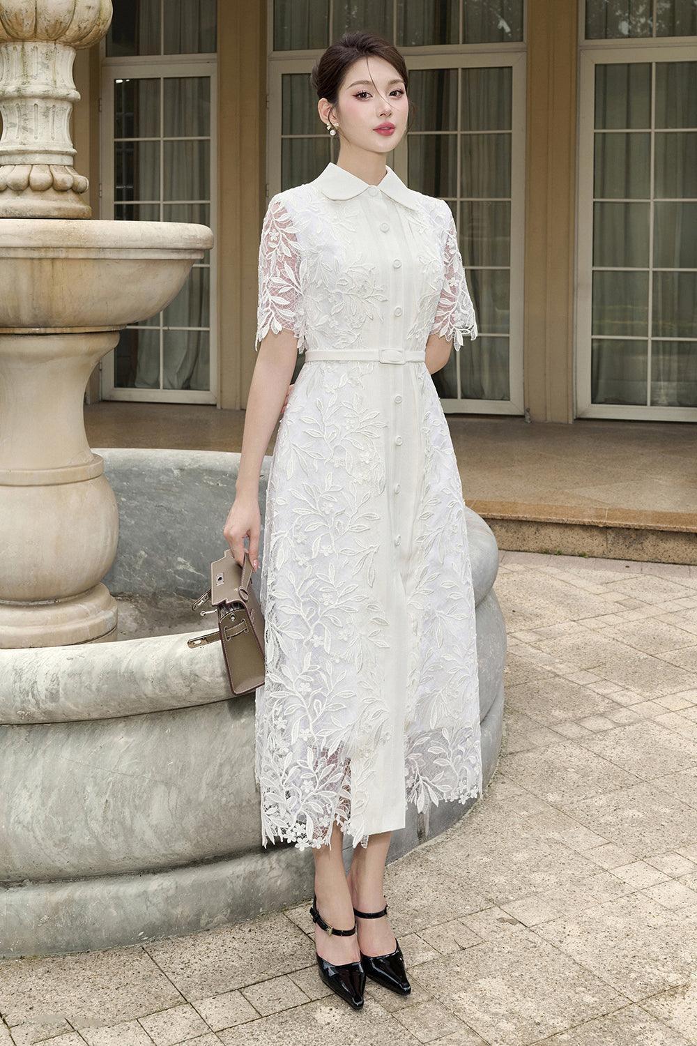 Women's Muses A-line Short Sleeved Lace Midi Dress S/M/L/Customize White Floral MEAN BLVD L / White / Floral Women's Muses A-line Short Sleeved Lace Midi Dress S/M/L/Customize White Floral MEAN BLVD L / White / Floral
