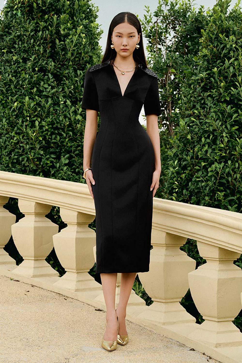 waist defined v neck midi dress for women Women's Naomi Sheath V-Neck Taffeta Midi Dress Customize Black MEAN BLVD