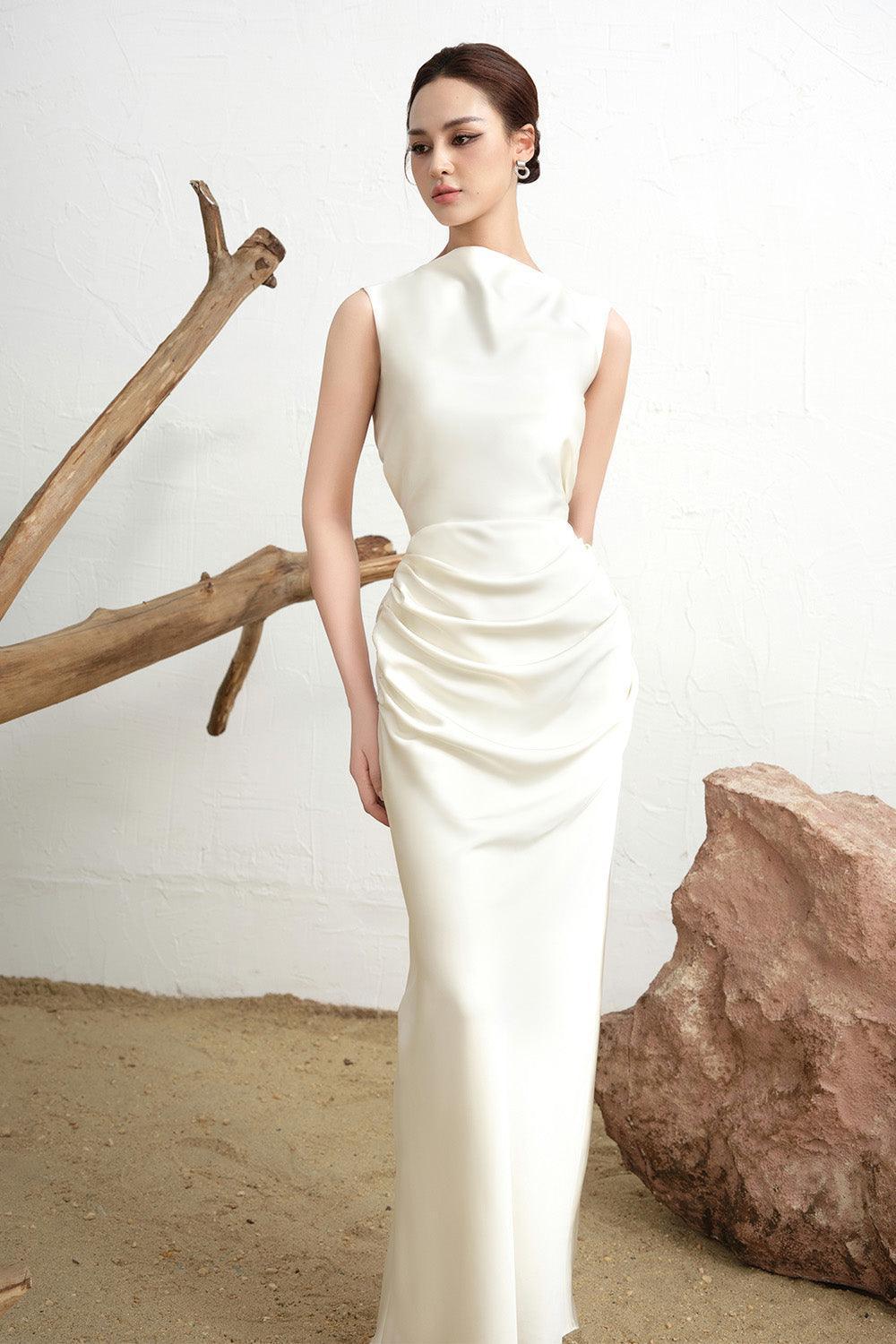 Women's Nara Sheath Back Slit Silk Blend Floor Length Dress XS/S/M/L/XL/Customize Cream MEAN BLVD Women's Nara Sheath Back Slit Silk Blend Floor Length Dress XS/S/M/L/XL/Customize Cream MEAN BLVD