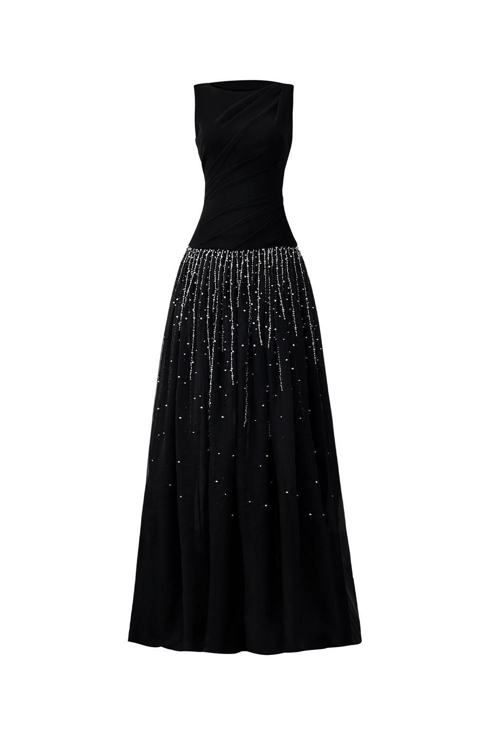 Women's Nataly A-line Boat Neck Organza Crepe Floor Length Dress Customize Black MEAN BLVD
